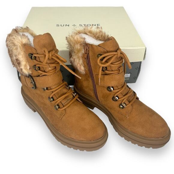 NWT Sun + Stone brown winter booties size 5.5 Sherpa suede tan brown boots NEW - Picture 7 of 15